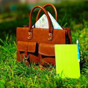 Retro brown man leather bag and notebook in bright colorful summer grass in the park Best Place to Purchase Travel Gear in Frederick Maryland single bag
